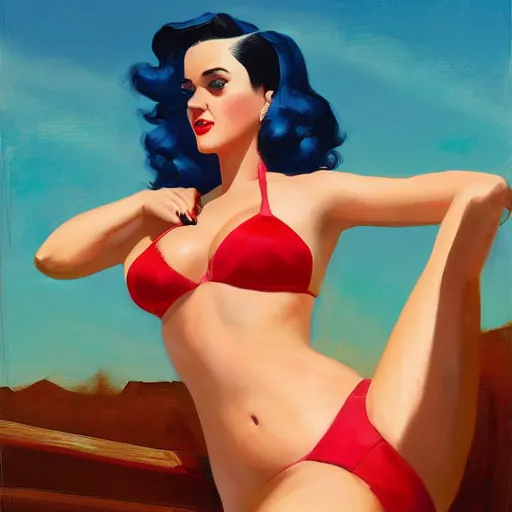 Prompt: pinup katy perry in a red bikini thong, artwork by greg manchess, medium shot, asymmetrical, organic painting, sunny day, matte painting, bold shapes, hard edges, street art, trending on artstation, by huang guangjian and gil elvgren and sachin teng