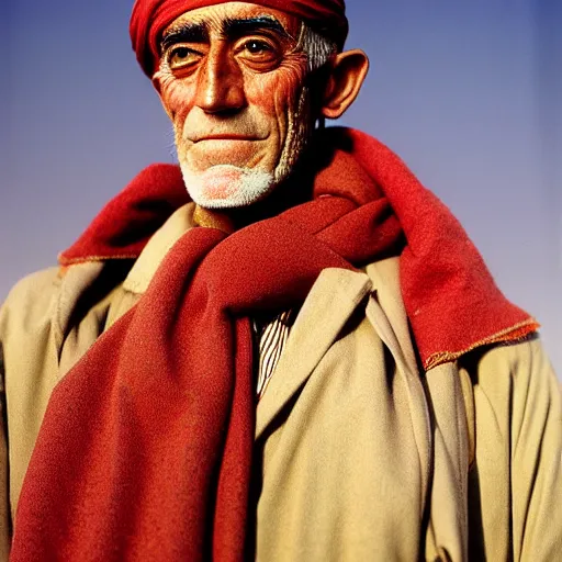 Image similar to portrait of president woodrow wilson as afghan man, green eyes and red scarf looking intently, photograph by steve mccurry