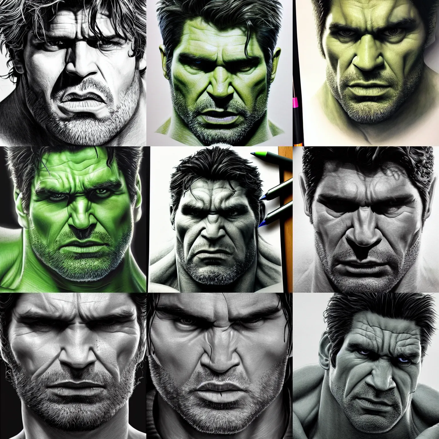 Image similar to ultra realistic detailed pen drawing of the incredible hulk face, eric bana, marvel cinematic universe, dramatic lighting, fine texture, fine hair strands, green skin, photo realism