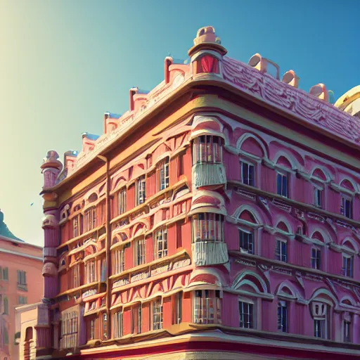 Prompt: wes anderson building facade highly detailed, photo, artstation, 3 d render, sharp focus, art by mamani silvestre, and alphonse mucha, 8 k, ultra realistic, lens flare, glow, soft lighting, hyperrealistic, unreal engine