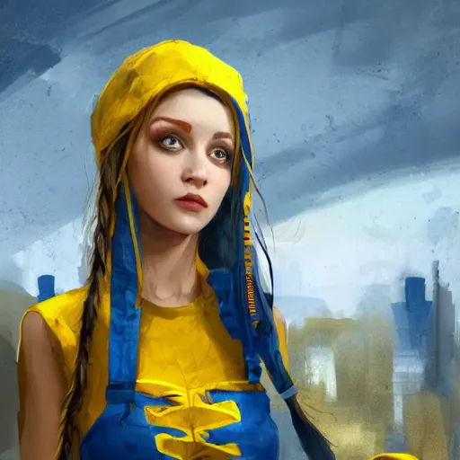 Image similar to ukrainian girl with blue and yellow clothes near big ruined city, concept art, trending on artstation, highly detailed, intricate, sharp focus, digital art, 8 k