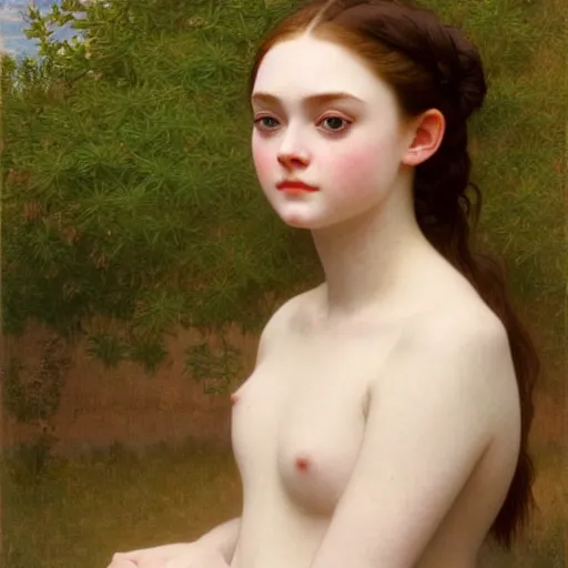 Prompt: A masterpiece head and shoulders portrait of Elle Fanning by William Adolphe Bouguereau and Junji Ito