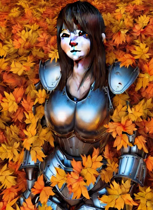 Prompt: a masterpiece hyperrealistic ultradetailed fullbody photograph of a lifelike real human anime girl wearing steel plate armor, surrounded by fall leaves, actual person, k - pop, rough skin pores texture, desaturated, photoreal image, made by wlop, photoreal, blender, unreal engine, extremely detailed, trending on artstation, sharp focus, 4 k