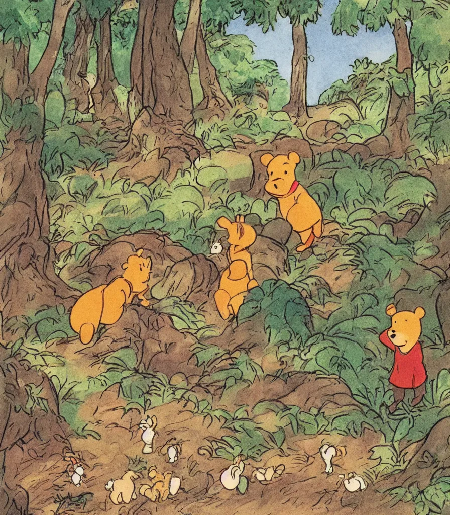 Prompt: a picture book illustration of a forest scene by a. a. milne featuring winnie the pooh and piglet