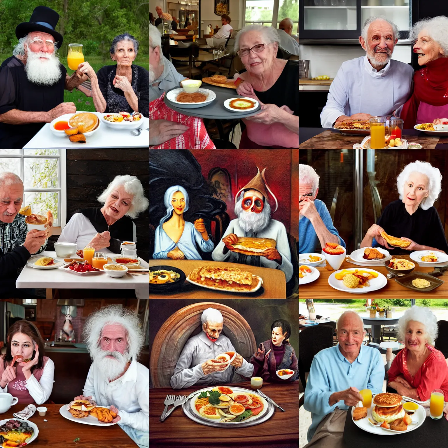 Prompt: father time and mother death enjoying breakfast