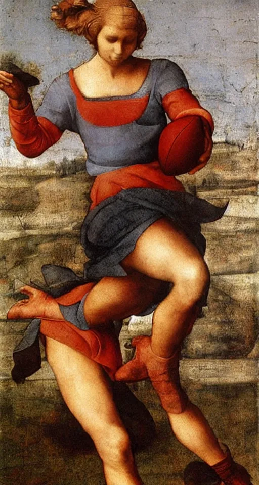 Image similar to Olivia Newton-John playing football by Leonardo da Vinci