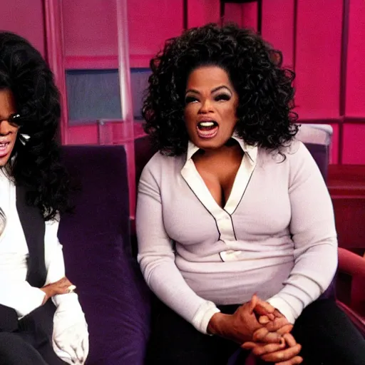 Image similar to michael jackson and oprah screaming at each other in the oprah show