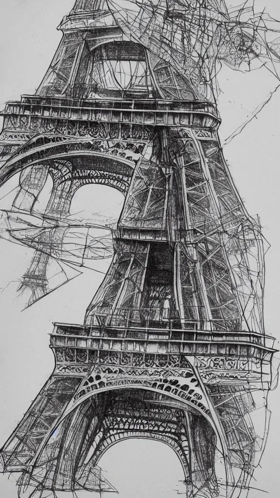 Image similar to architectural design studies of Eiffel tower, schematics, notes, different closeup view, drawn by Leonardo da Vinci, chinese inkpen draw, artistic, intricated details