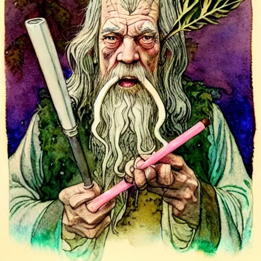 Image similar to a realistic and atmospheric watercolour fantasy character concept art portrait of gandalf with pink eyes looking happy and confused and smoking weed out of his pipe with a pot leaf nearby, by rebecca guay, michael kaluta, charles vess and jean moebius giraud