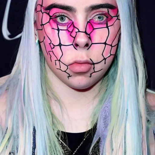 Prompt: billie eilish having Trypophobia on her face, face full of holes