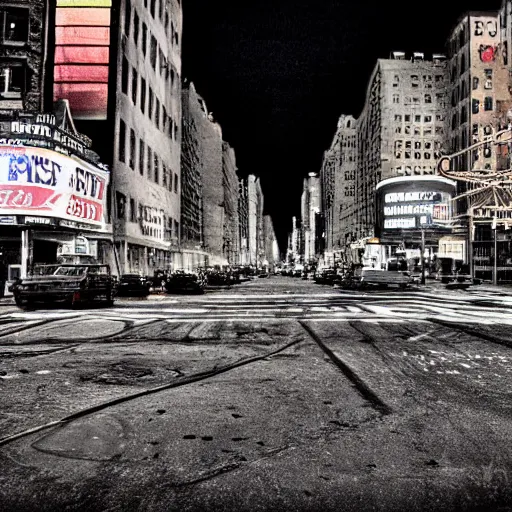 Image similar to color photograph, highly detailed abandoned New York city street at night after the war between humans and AIs, film grain, soft vignette, Canon EOS Digital Rebel XTi, 100-300mm Canon f/5.6, Exposure time: 1/160, ISO 400