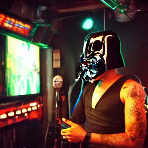 Image similar to darth punk singing singing karaoke in a rundown cyberpunk bar