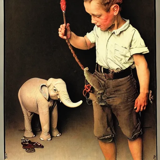 Image similar to a Norman Rockwell painting of a boy and his pet elephant