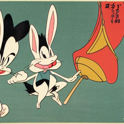 Prompt: bugs bunny, daffy, porky pig, ukiyo - e style,