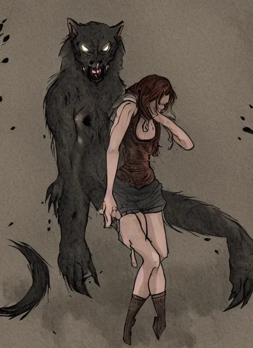 Image similar to werewolf girl in a dark bedroom, anthro, fierce, creepy