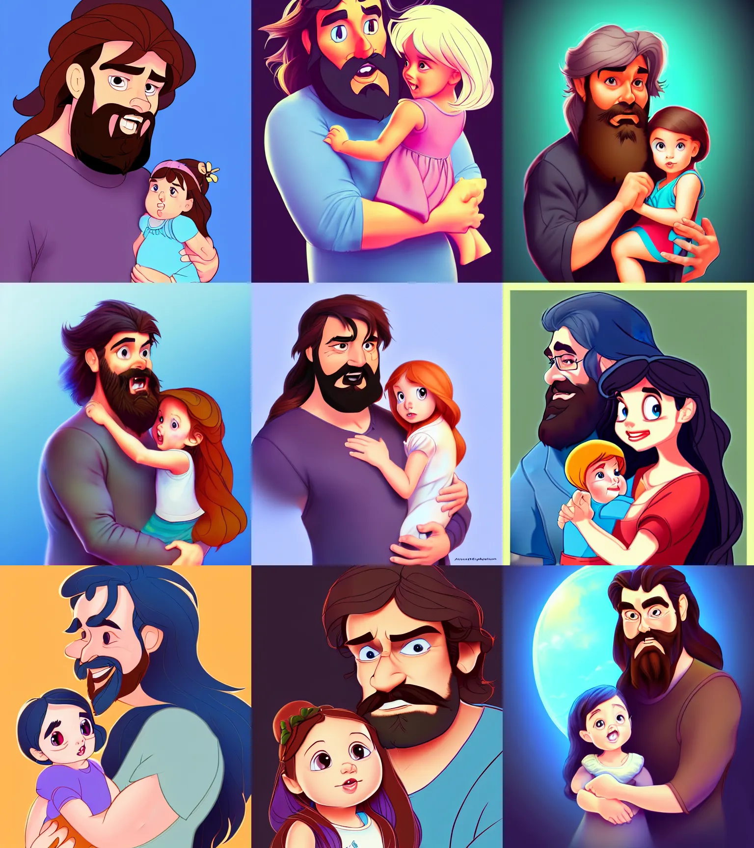 Image similar to a long - haired bearded father and his child toddler girl full color digital illustration in the style of don bluth, artgerm, artstation trending, 4 k