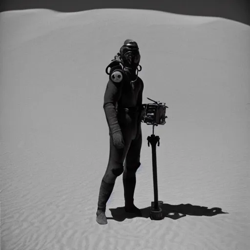 Image similar to a man wearing an old diving suit, in the desert, arriflex 35