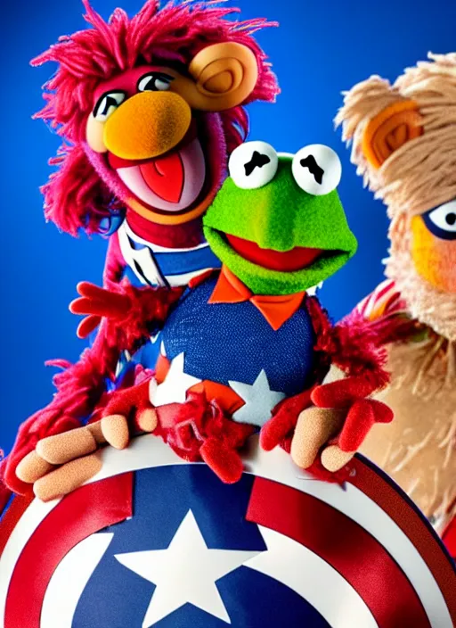 Image similar to studio portrait still of muppet captain america as a muppet muppet as a muppet, 8 k, studio lighting, key light,