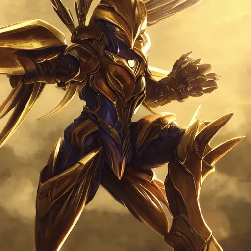 Image similar to cinematic, hyperdetailed league of legends azir armor metroid ravenbeak fanart gold armored bird wings regal gold sunray shaped crown, warframe, destiny, octane