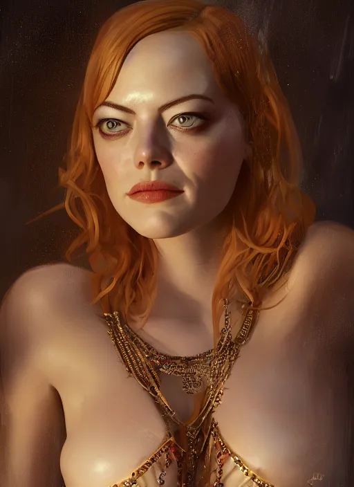 Image similar to portrait of emma stone as a belly dancer, au naturel, hyper detailed, digital art, trending in artstation, cinematic lighting, studio quality, smooth render, unreal engine 5 rendered, octane rendered, art style by klimt and nixeu and ian sprigger and wlop and krenz cushart.