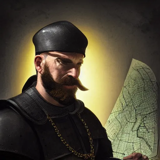 Image similar to Closeup of frustrated male medieval sergeant with a {short} beard wearing a {black!!!! and yellow tabard} over a steel breastplate and a black gambeson looking up from a map on a table, intricate, dramatic lighting illustration by Greg Rutkowski, {perfect face}, {perfect eyes}, fantasy