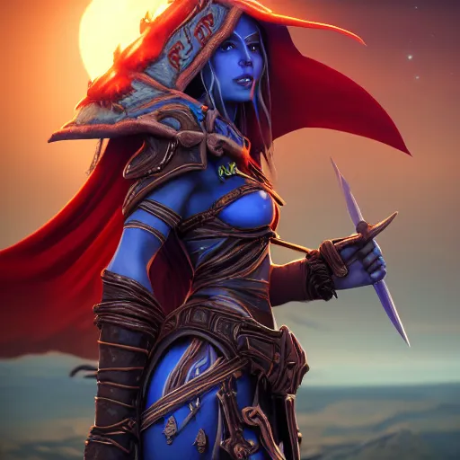 Image similar to hyperrealist portrait of sylvanas windrunner on a blue planet. by bayard wu, fantasy, photorealistic, octane render, unreal engine, dynamic lighting, trending on artstation, poster, volumetric lighting, very detailed faces, 4 k, award winning