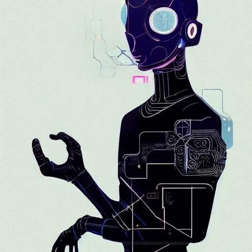 Image similar to a cyberpunk mannequin by victo ngai and jakub rebelka and conrad roset, trending on artstation