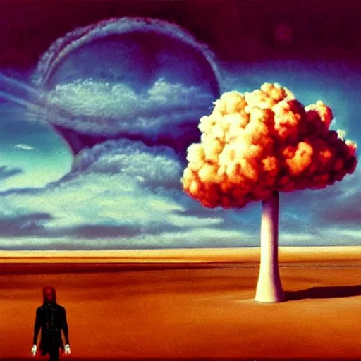 Image similar to a skeleton walking on a beach next to the ocean with nuclear bomb explosion in the background, a naturalism painting by Storm Thorgerson, featured on cg society, matte painting, realistic, chillwave, anatomically correct, light colors, photo-realistic huge mushroom-cloud in the distance