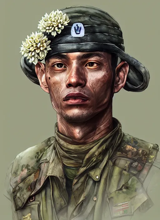 Prompt: handmade character portrait of a vietnam war american soldier covered in amaratyllis, hydrangea, chrysanthemum and hyacinth, in the style of artgerm and enki bilal and bastien lecouffe - deharme, wlop, line art, watercolor, cinematic lighting, hyperdetailed, hyperrealistic