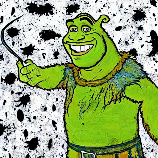 Image similar to shrek in the style of a jackson pollock painting