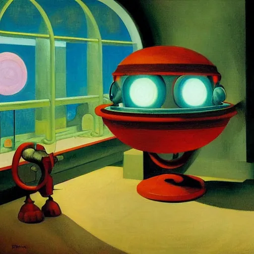 Image similar to three biomorphic robotic seers watchers oracles soothsayers with glowing eyes, inside a dome, pj crook, grant wood, edward hopper, syd mead, chiaroscuro, oil on canvas