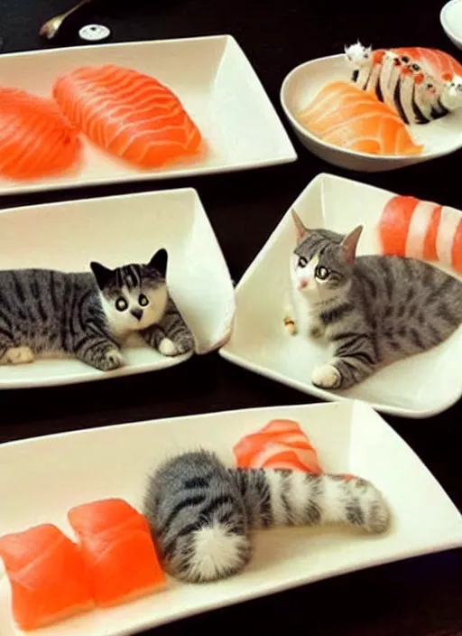 Image similar to clear photorealistic picture of adorable cats made out of sushi