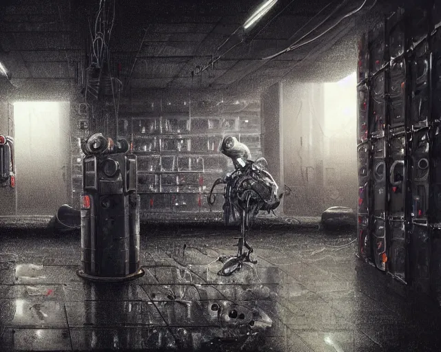 Image similar to gloomy colossal ruined server room in datacenter robot figure automata headless drone robot knight welder posing pacing fixing soldering mono sharp focus, emitting diodes, smoke, artillery, sparks, racks, system unit, motherboard, by pascal blanche rutkowski artstation hyperrealism cinematic dramatic painting concept art of detailed character design matte painting, 4 k resolution blade runner