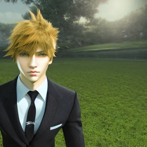 Image similar to a handsome young man in a in a magical field, detailed face, wearing a black suit, piercing gaze, final fantasy cutscene, in the style of Yoshitaka Amano, moonray render, ray tracing —H 640