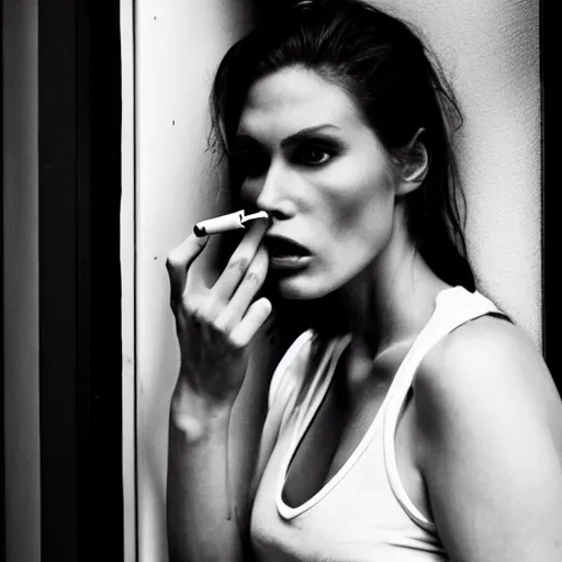 Image similar to Live Action Still of Jerma985 in a film of a beautiful model woman smoking a cigarette by the window, black and white, hyperrealistic, ultra realistic, realistic, highly detailed, epic, HD quality, 8k resolution, body and headshot, film still