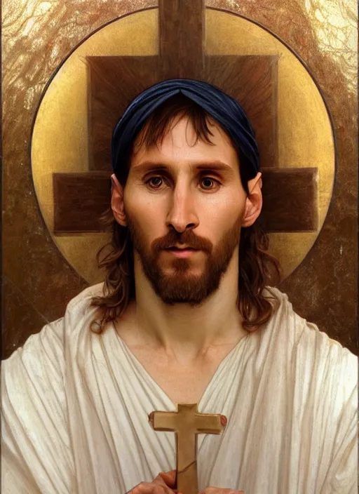 Image similar to portrait lionel messi as jesus in the cross, full length shot, shining, 8 k highly detailed, sharp focus, illustration, art by artgerm, mucha, bouguereau