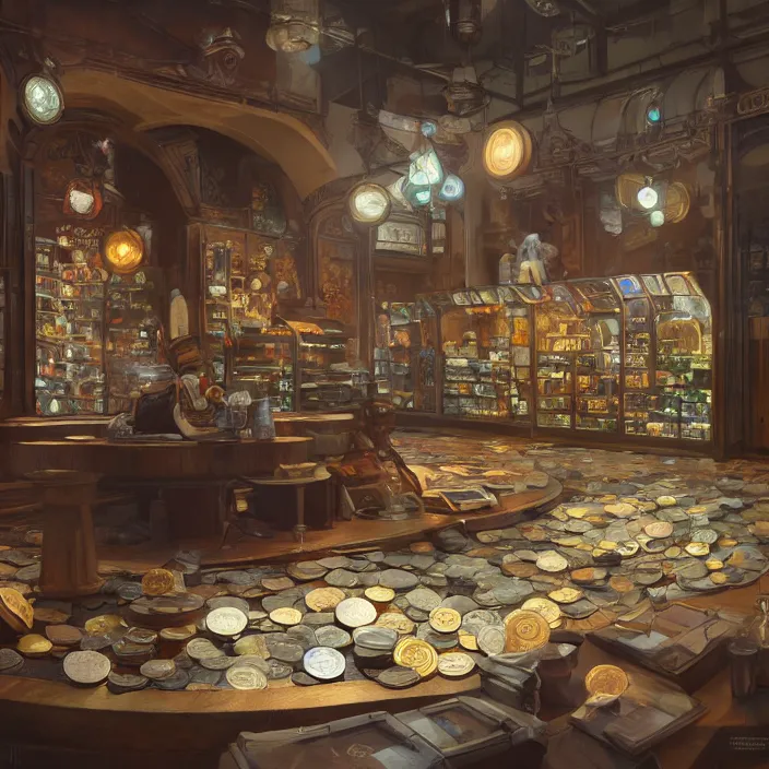 Image similar to modern coin shop with a lot of coins, 4 k, octane, digital painting, artstation, concept art, sharp focus, illustration, art by artgerm and greg rutkowski and alphonse mucha