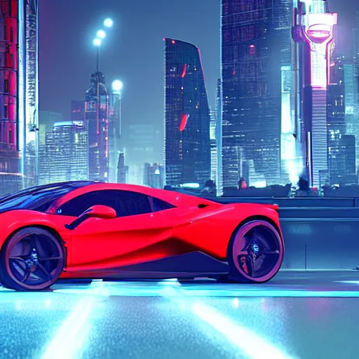 Image similar to hover car, ferrari, cyberpunk, city, night time, unreal engine