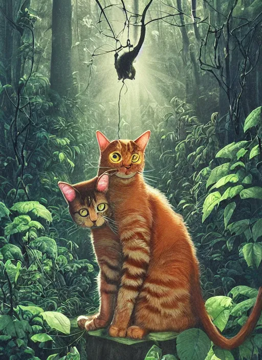 Image similar to a cat with happy lighting and technology jewelry in the woods gorgeous lighting, sunbeams blue sky, lush forest foliage painting by chiara bautista and beksinski and norman rockwell and greg rutkowski weta studio, and lucasfilm