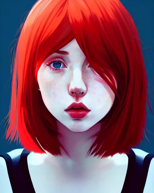 Prompt: a detailed portrait of a cute!!!! woman with red hair and freckles by ilya kuvshinov, digital art, dramatic lighting, dramatic angle