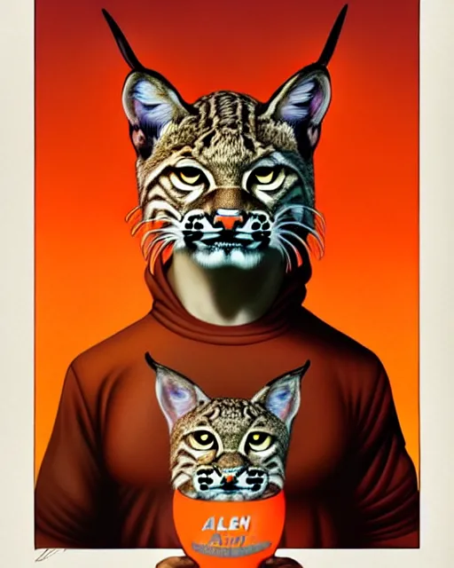 Image similar to male bobcat alien with orange fur and a white t - shirt with a red exclamation mark, full body, art by artgerm and greg rutkowski and alphonse mucha