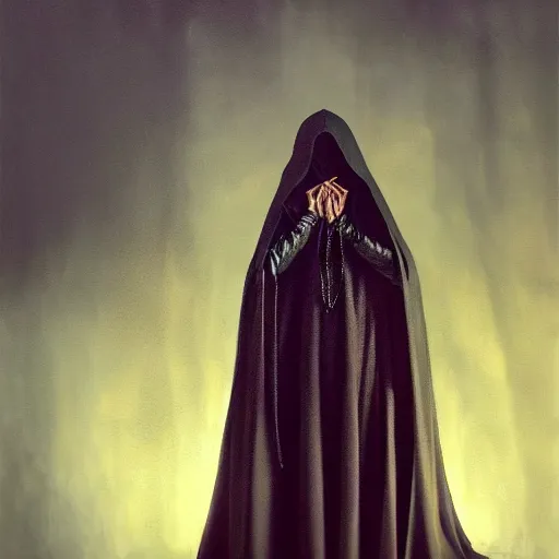 Image similar to a portrait of a young woman wearing a long dark cloak, hood and shadows covering face, holding golden chains, oil painting, matte painting, black background, Volumetric Golden dappled dynamic lighting, Highly Detailed, Cinematic Lighting, Unreal Engine, 8k, HD, by Beksinski