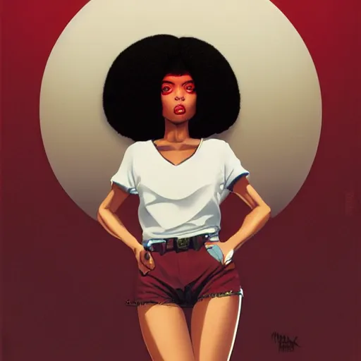 Prompt: A black woman with big Afro cute brown eyes, sexy red lips, fine-face, realistic shaded perfect face, fine details. realistic shaded lighting poster by Ilya Kuvshinov katsuhiro otomo ghost-in-the-shell, magali villeneuve, artgerm, Jeremy Lipkin and Michael Garmash, Rob Rey and Kentarõ Miura style, trending on art station