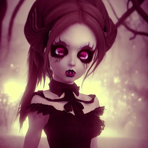 Image similar to full shot portrait of angry darkness Clara Morgane as a cute anime girl at moonlight, gothic wearing, inspired by Tim Burton, Norihiro Yagi, Marc Simonetti, Amano, Juri Misaki, detailed, unreal engine 4k volumetric light, fog,