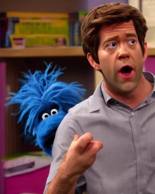 Image similar to jim halpert as a muppet. highly detailed felt. hyper real photo. 4 k.