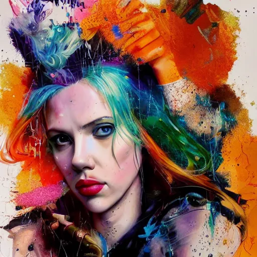 Image similar to scarlett johansson as delirium from sandman, ( hallucinating colorful soap bubbles ), by jeremy mann, by sandra chevrier, by dave mckean and richard avedon and maciej kuciara, punk rock, tank girl, high detailed, 8 k