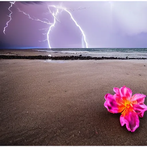 Prompt: a flower on the beach by the sea, dramatic lightning, cinematic lights, photo 1 5 mm,