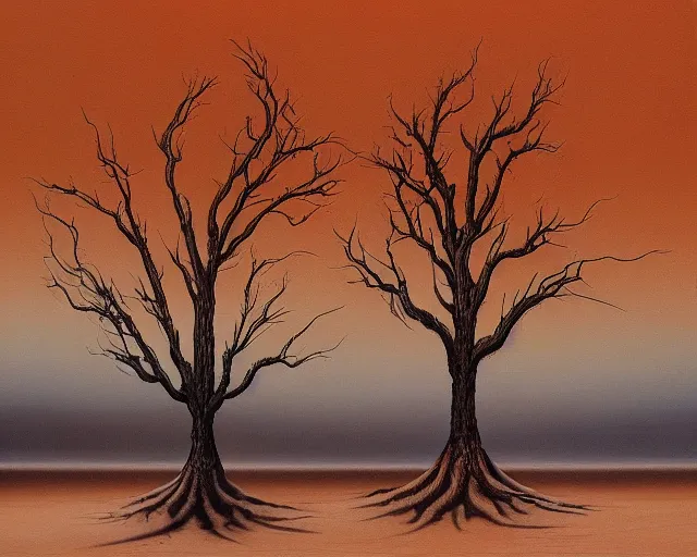 Image similar to a painting of a tree in the desert, an airbrush painting by breyten breytenbach, wavy sand pattern, cgsociety, neo - primitivism, airbrush art, dystopian art, apocalypse landscape