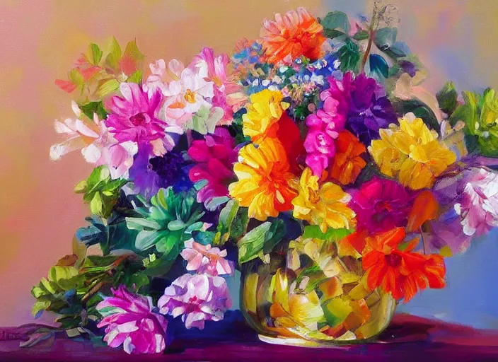 Image similar to bright beautiful oil painting by bAlexander Labas and Tatyana Yablonskaya and Viktor Tsvetkov