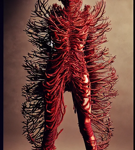 Image similar to still frame from Prometheus, harvest goddess cyborg in crimson filament mycelium, dressed by Neri Oxman and alexander mcqueen, metal couture haute couture editorial by utagawa kuniyoshi by giger